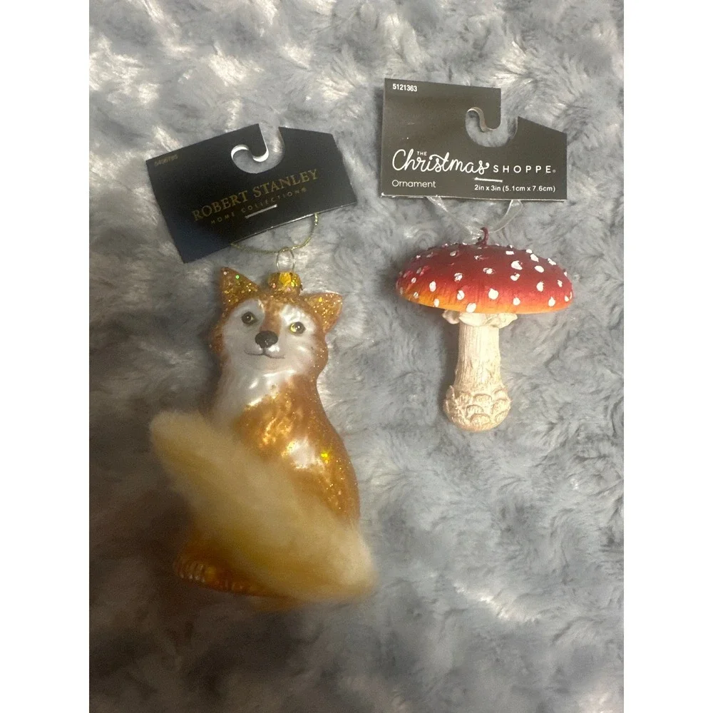 Robert Stanley Glitter Fox and The Christmas Shoppe Mushroom Ornament Set NEW